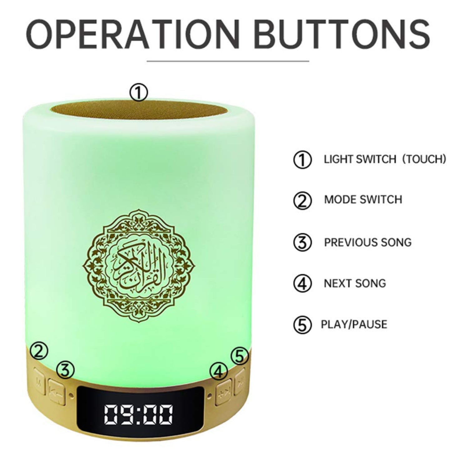 Equantu SQ-122 Azan Clock Qur’an Speaker | Bluetooth LED Touch Lamp with Remote, 18 Reciters, 14 Translations & 6000+ City Azan Support