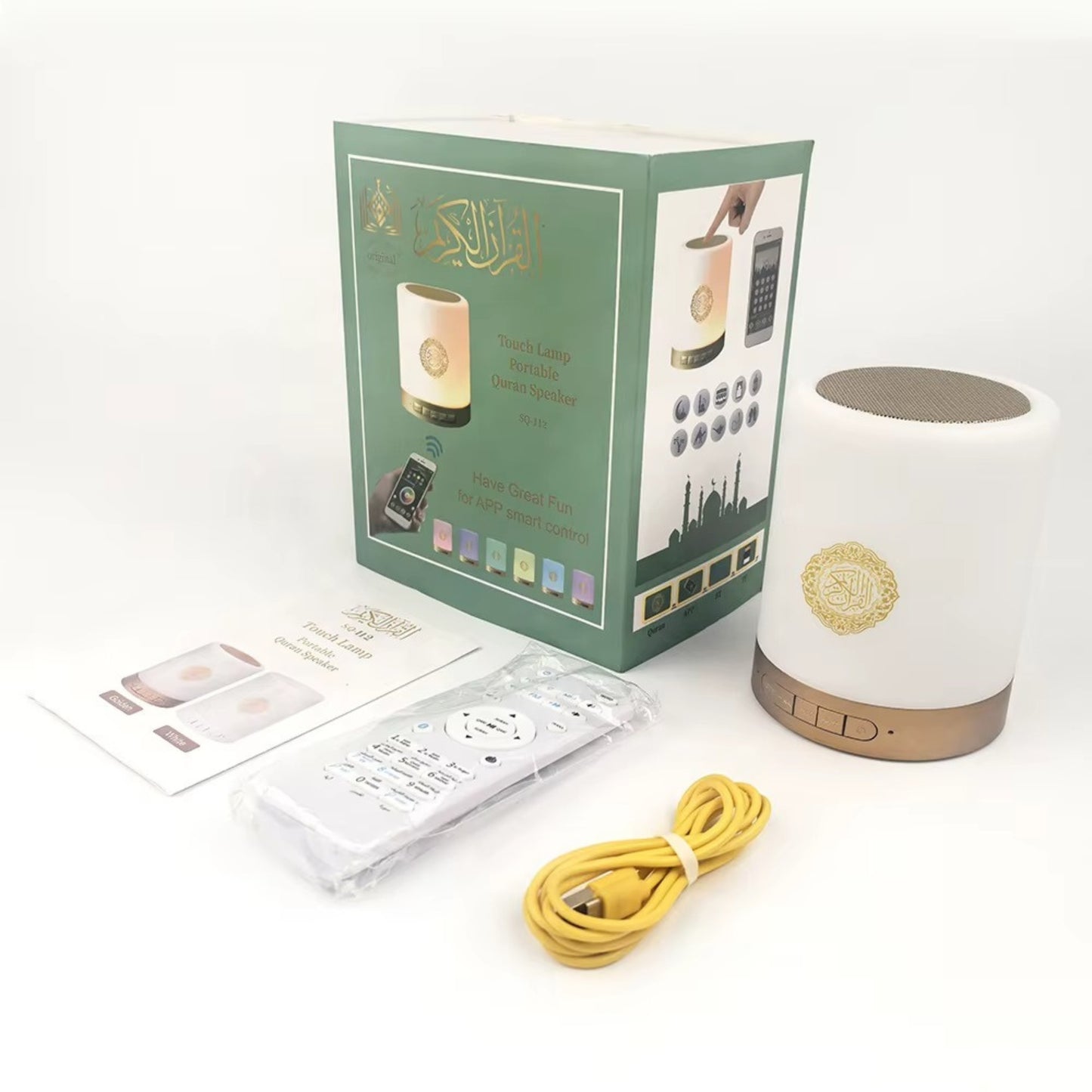 SQ-112 Touch Lamp Portable Quran Speaker – 4-in-1 Bluetooth Quran Speaker with 7-Color LED Light, Remote & APP Control, 18 Reciters & 16 Translations