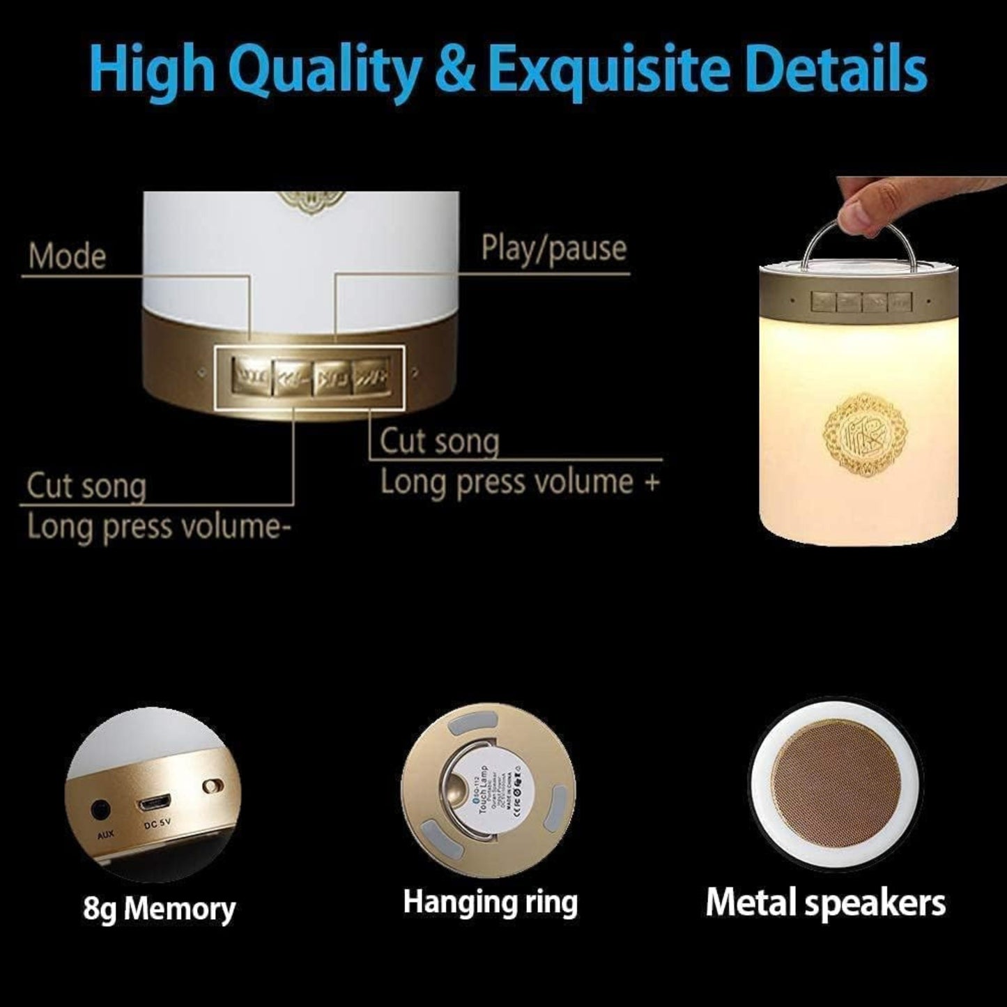 SQ-112 Touch Lamp Portable Quran Speaker – 4-in-1 Bluetooth Quran Speaker with 7-Color LED Light, Remote & APP Control, 18 Reciters & 16 Translations