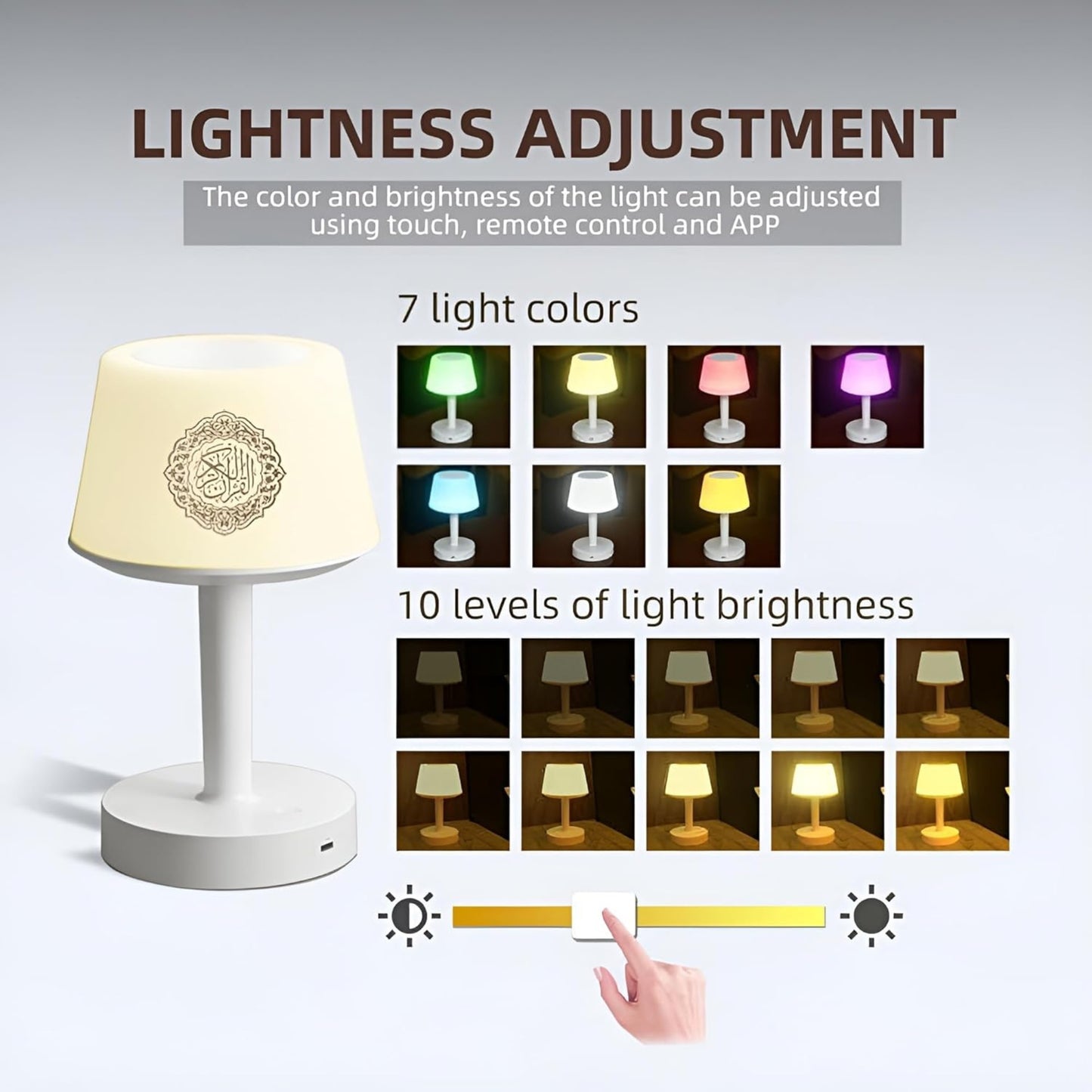 Equantu SQ-917 Desk Lamp Qur’an Speaker – Smart LED Touch Lamp with Bluetooth, Remote, 16 Reciters & 16 Translations | Islamic MP3 Player & Azan Support