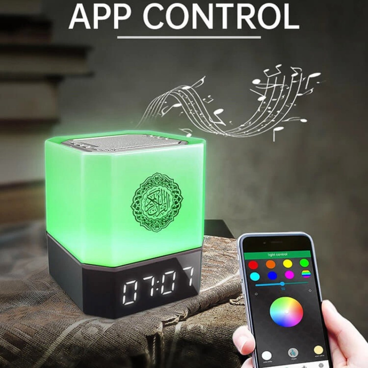 Equantu QB303 Touch Lamp Azan Clock Qur’an Speaker – 7-Color Bluetooth Quran Cube with 18 Reciters, 14 Translations & APP Control