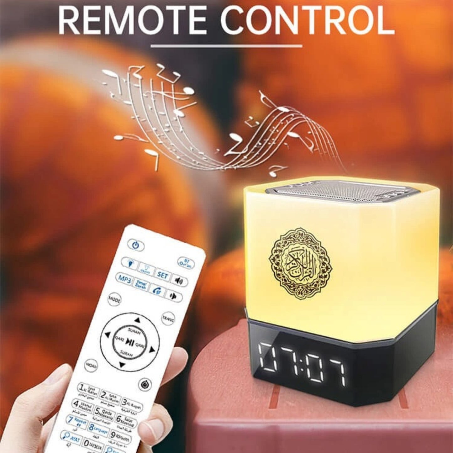 Equantu QB303 Touch Lamp Azan Clock Qur’an Speaker – 7-Color Bluetooth Quran Cube with 18 Reciters, 14 Translations & APP Control