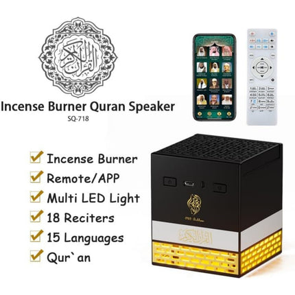HONTON SQ-718 2-in-1 Portable Quran Speaker with Electric Bakhoor Burner | Bluetooth, App Control, LED Light, 18 Reciters & 15 Translations | Kaaba Design Quran Cube Speaker