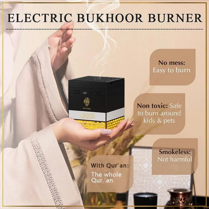 HONTON SQ-718 2-in-1 Portable Quran Speaker with Electric Bakhoor Burner | Bluetooth, App Control, LED Light, 18 Reciters & 15 Translations | Kaaba Design Quran Cube Speaker
