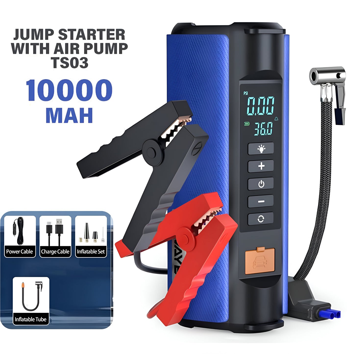 TS03 4-in-1 Jump Starter & Air Pump | 10000mAh Power Bank, Tire Inflator & LED Flashlight