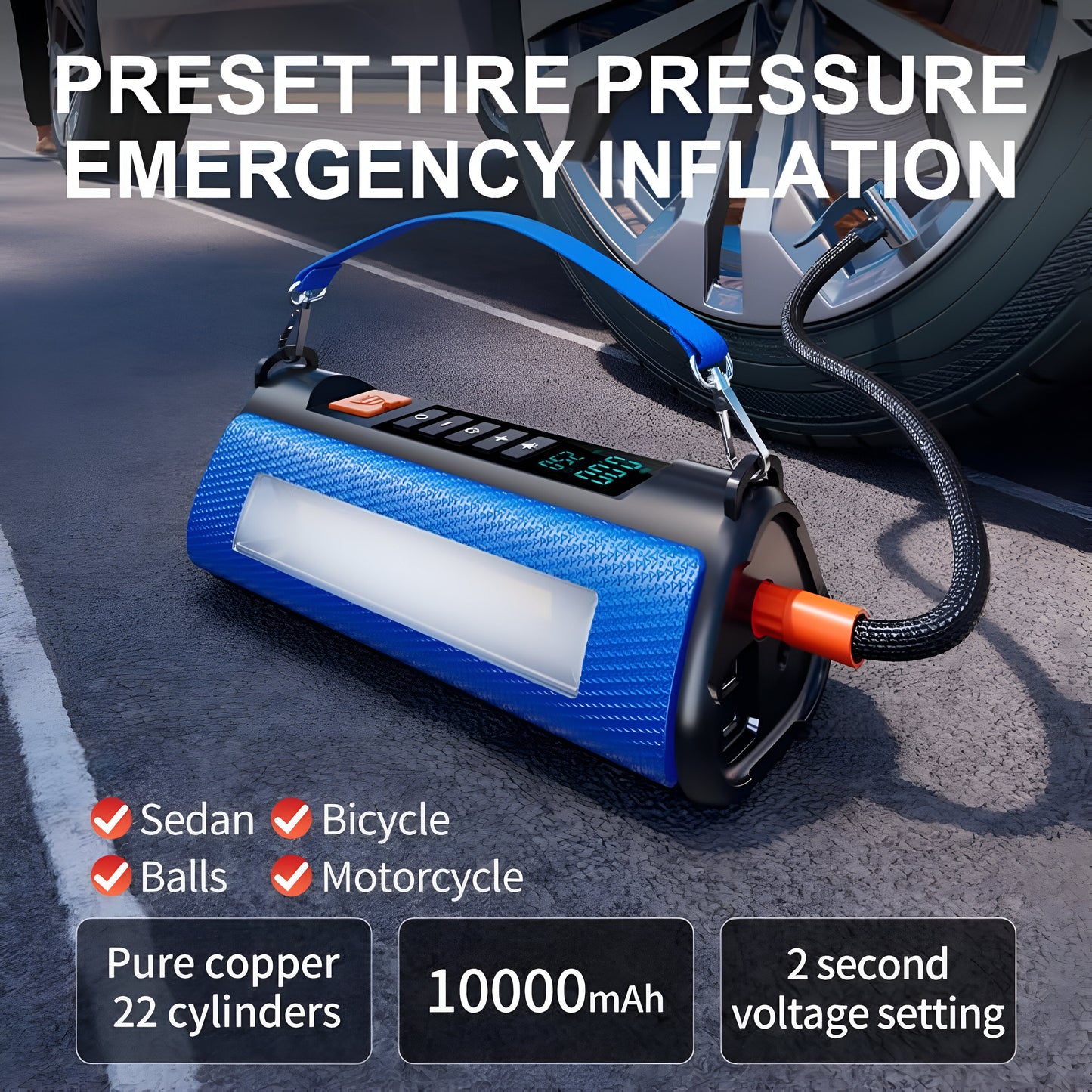 TS03 4-in-1 Jump Starter & Air Pump | 10000mAh Power Bank, Tire Inflator & LED Flashlight