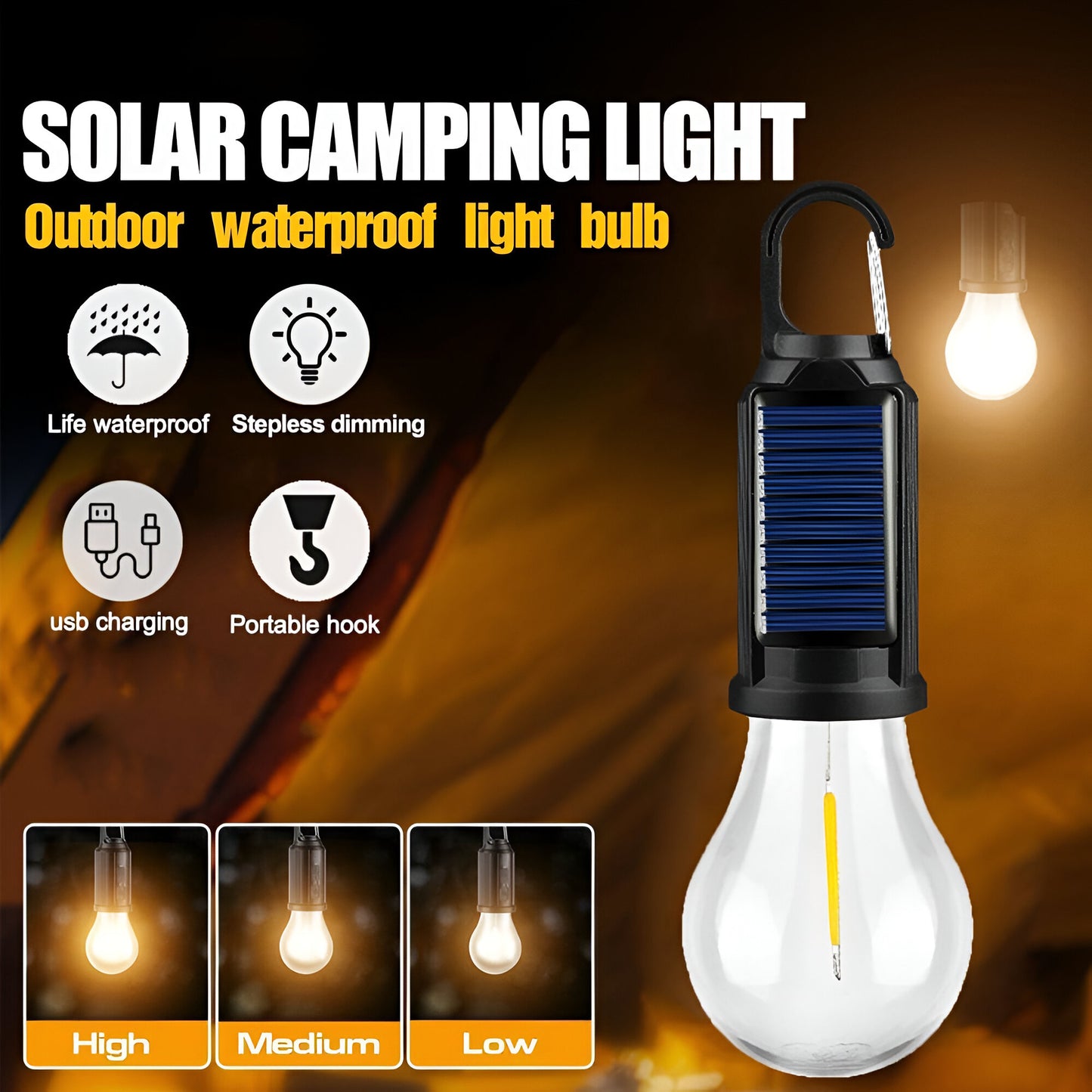 Solar Camping Lamp – Waterproof LED Light with Hook & Type-C Charging