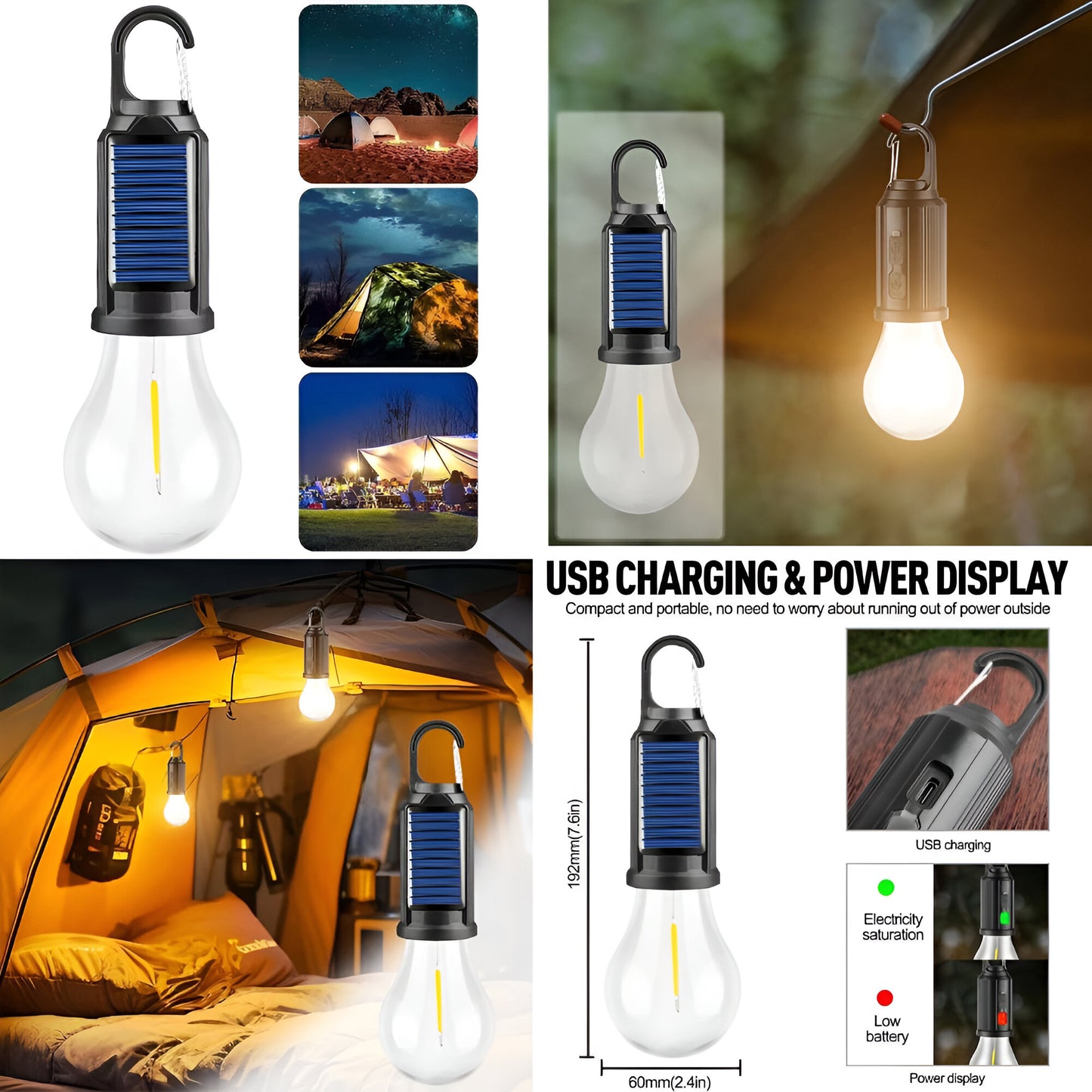 Solar Camping Lamp – Waterproof LED Light with Hook & Type-C Charging