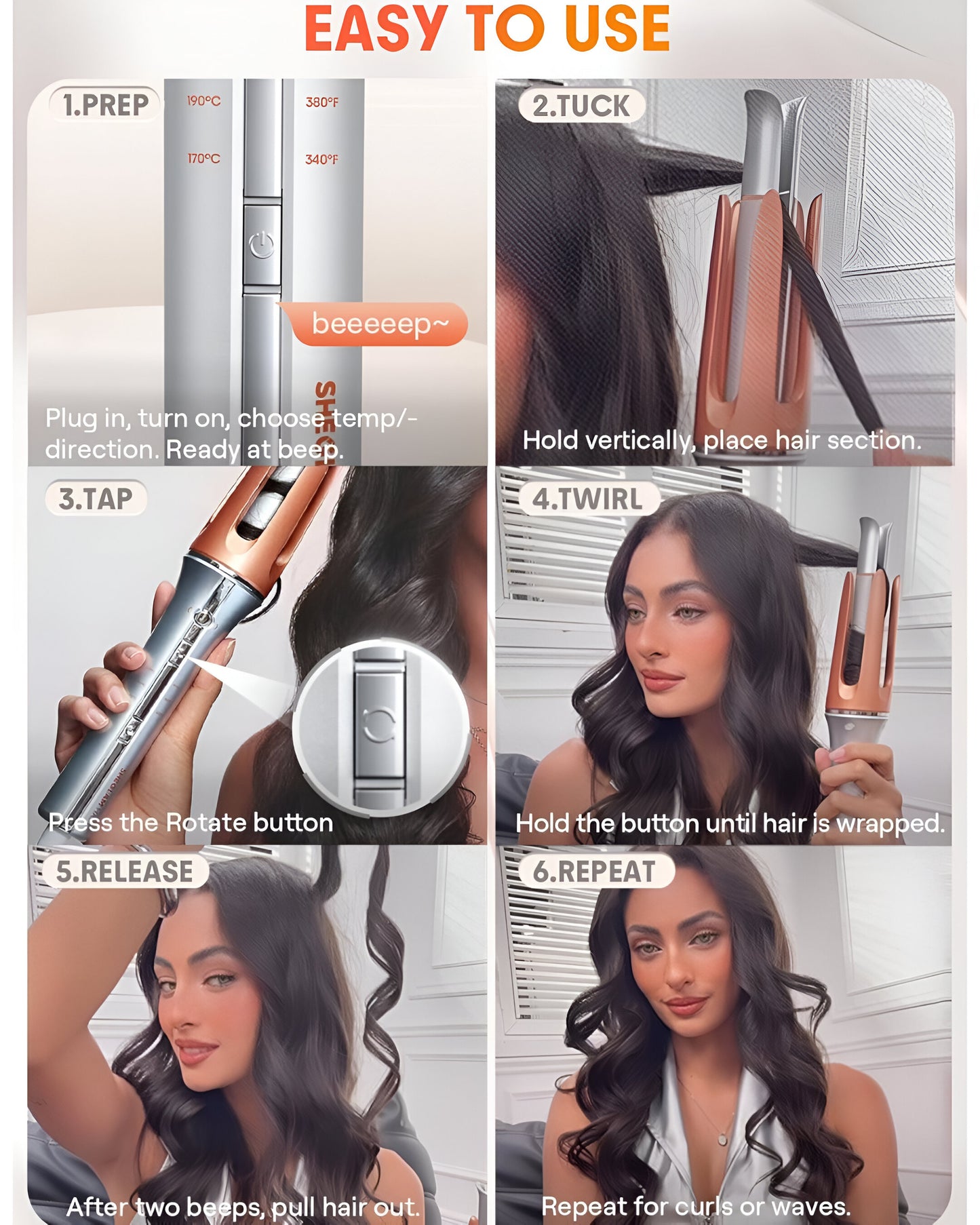 SHEGLAM HAIR Auto Curler - Automatic Curling Iron with Fast Heating, 3 Temperature Settings, 2-Way Rotation, Anti-Scald & Tangle-Free Design