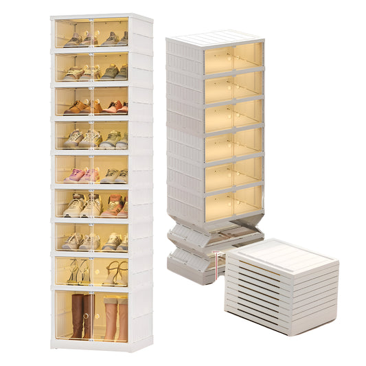9-Tier Foldable Shoe Storage Cabinet with Magnetic Doors & Wheels – Stackable Plastic Shoe Box Organizer with Clear Lids