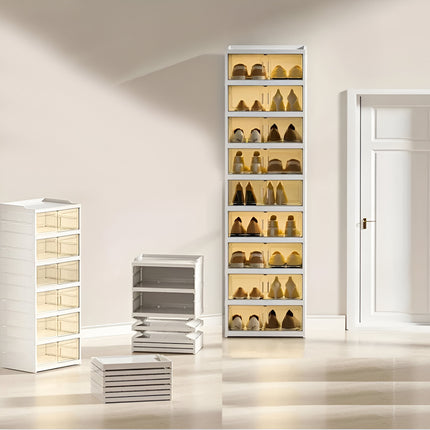 9-Tier Foldable Shoe Storage Cabinet with Magnetic Doors & Wheels – Stackable Plastic Shoe Box Organizer with Clear Lids