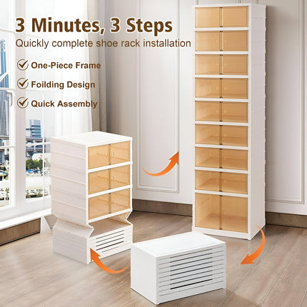 9-Tier Foldable Shoe Storage Cabinet with Magnetic Doors & Wheels – Stackable Plastic Shoe Box Organizer with Clear Lids