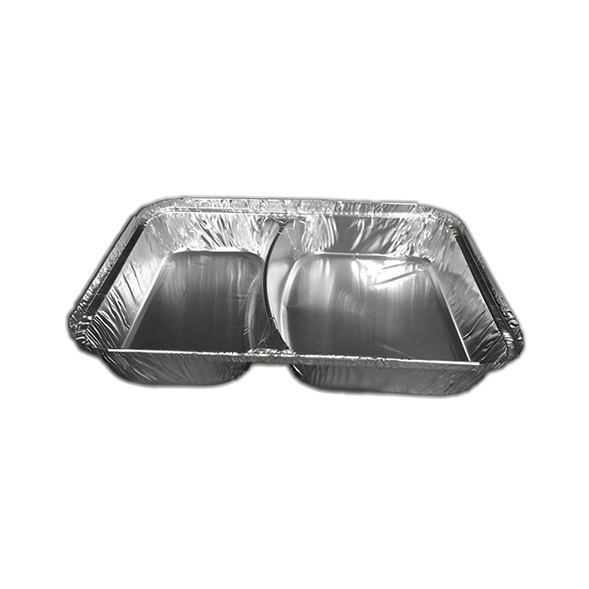 Aluminium Foil Container with 2 Compartments and Lid – Pack of 100 | Dual Section Food Tray for Meal Prep, Takeaway & Storage