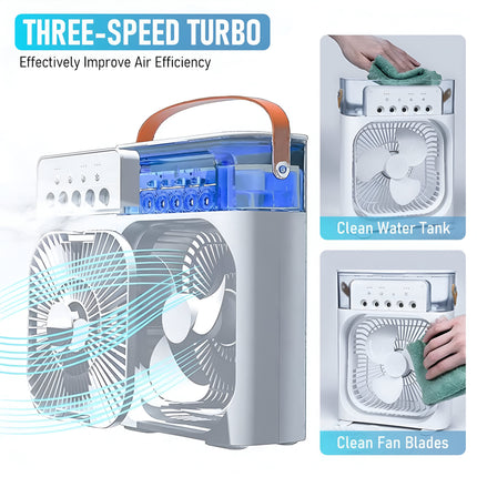 Mini Cooling Fan – Portable 3-in-1 Air Conditioner | Humidifier | LED Night Light | 600ml Tank | USB Powered