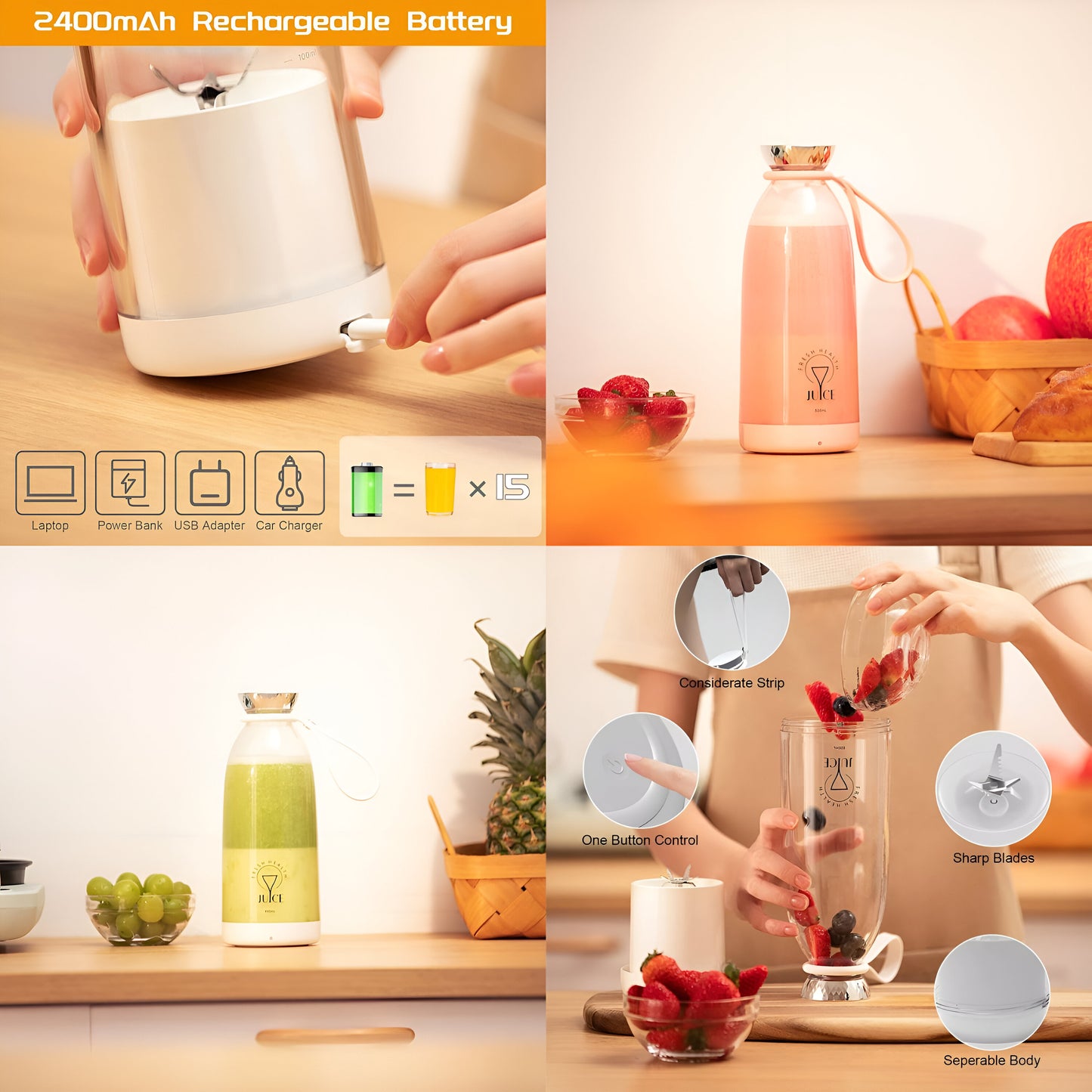 Portable Juice Blender 500ml – Rechargeable & Easy to Clean