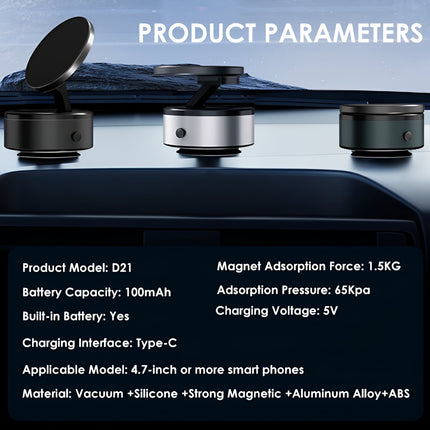 D21 Magnetic Vacuum Phone Holder – 360° Rotatable Suction Mount with Type-C Charging | 65kpa Power for Car, Glass, Mirror, Gym (Black)