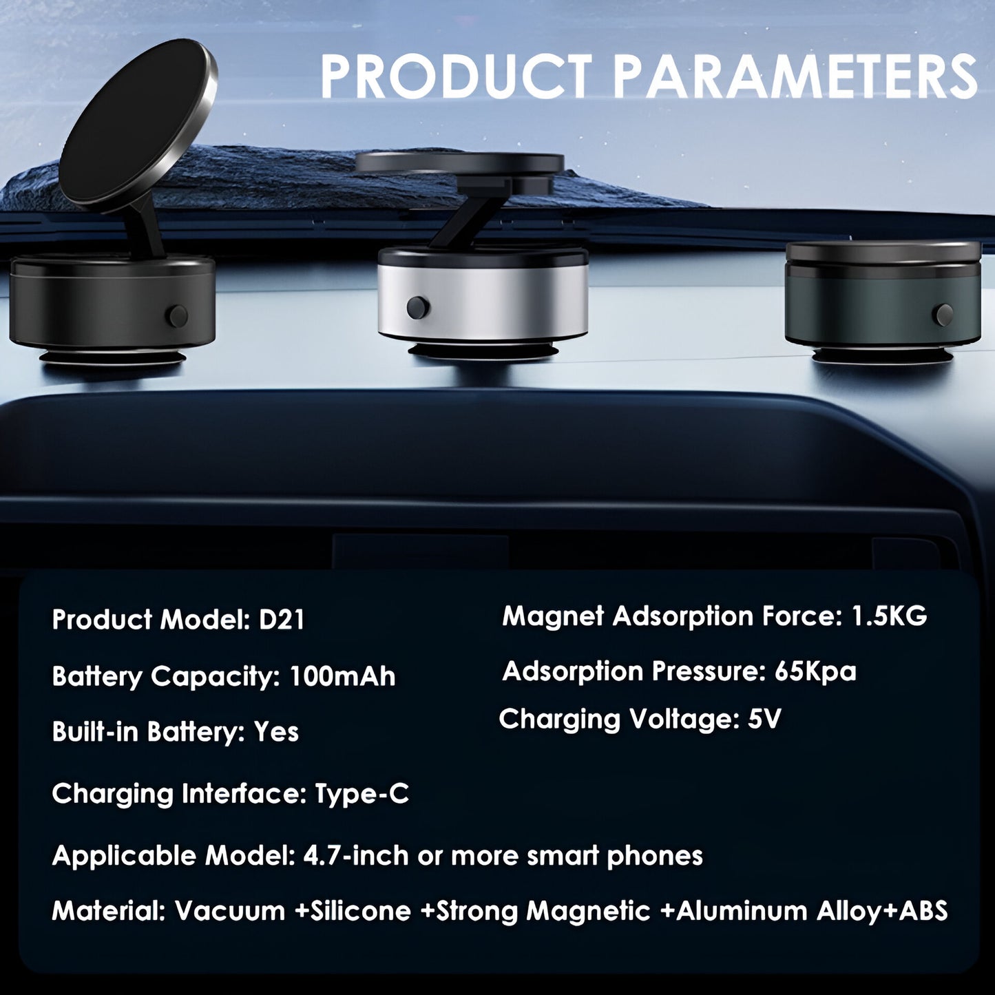 D21 Magnetic Vacuum Phone Holder – 360° Rotatable Suction Mount with Type-C Charging | 65kpa Power for Car, Glass, Mirror, Gym (Black)