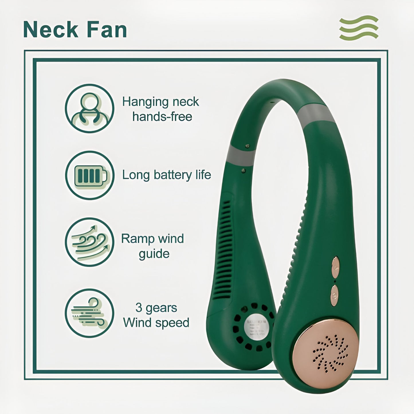 Bladeless Neck Fan – 3 Speeds, USB Rechargeable, 2400mAh Battery, Hands-Free Cooling – Green