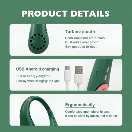 Bladeless Neck Fan – 3 Speeds, USB Rechargeable, 2400mAh Battery, Hands-Free Cooling – Green