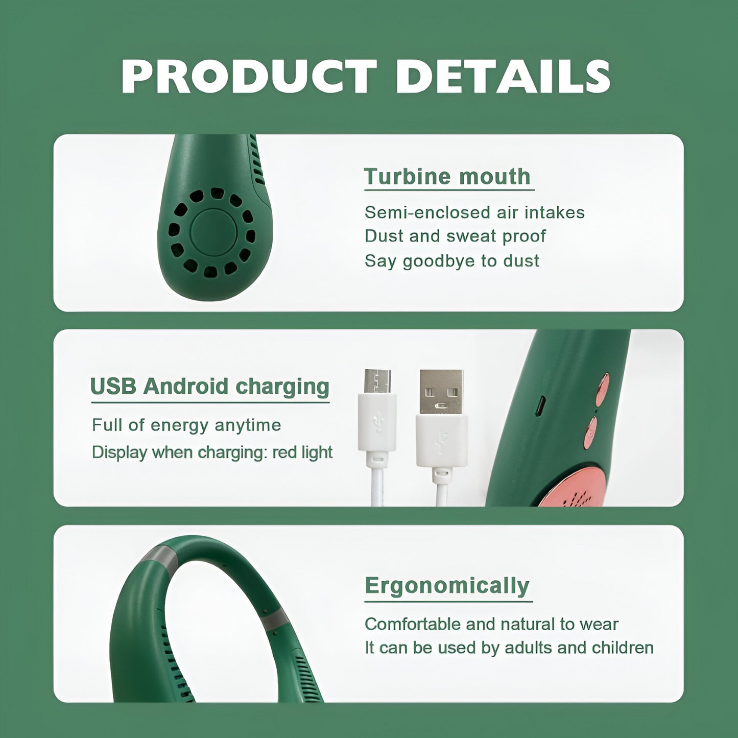 Bladeless Neck Fan – 3 Speeds, USB Rechargeable, 2400mAh Battery, Hands-Free Cooling – Green