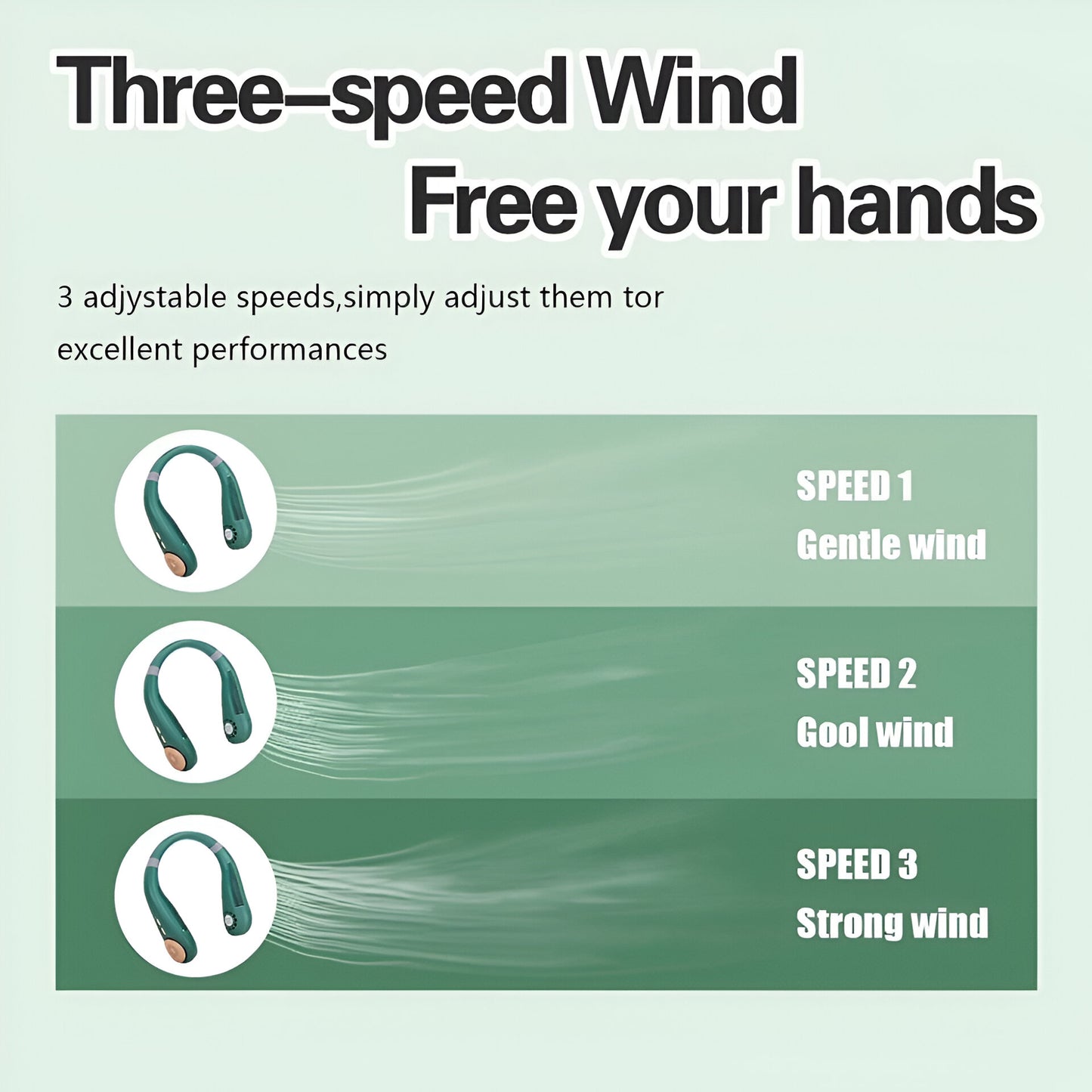 Bladeless Neck Fan – 3 Speeds, USB Rechargeable, 2400mAh Battery, Hands-Free Cooling – Green