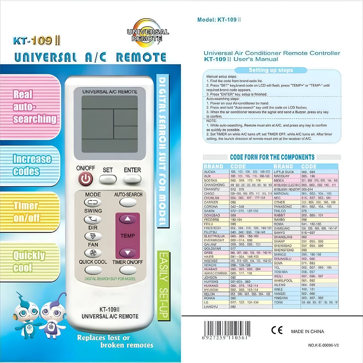KT-109 II Universal Air Conditioner Remote Control – Compatible with All Major AC Brands
