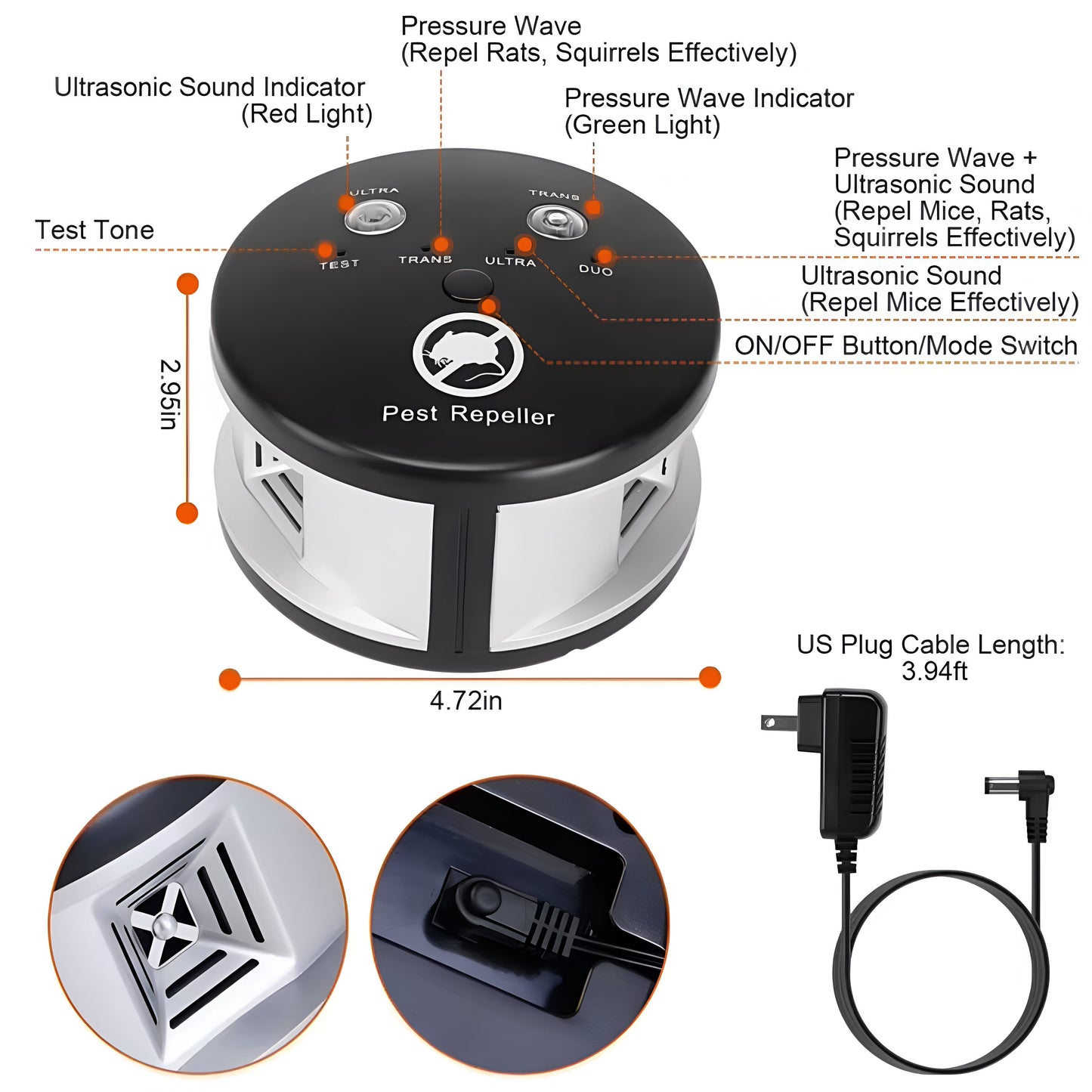 Triple-Rodent-Chaser | Ultrasonic Pest Repeller – 360° Indoor Rodent Deterrent with 4 Modes & Pressure Wave Technology