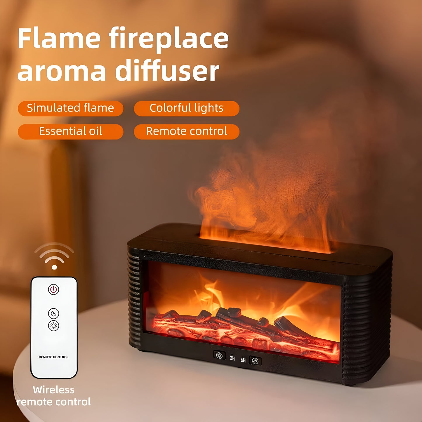 Flame Fireplace Aroma Diffuser – Mini LED Essential Oil Humidifier with Simulated Fire & Remote Control