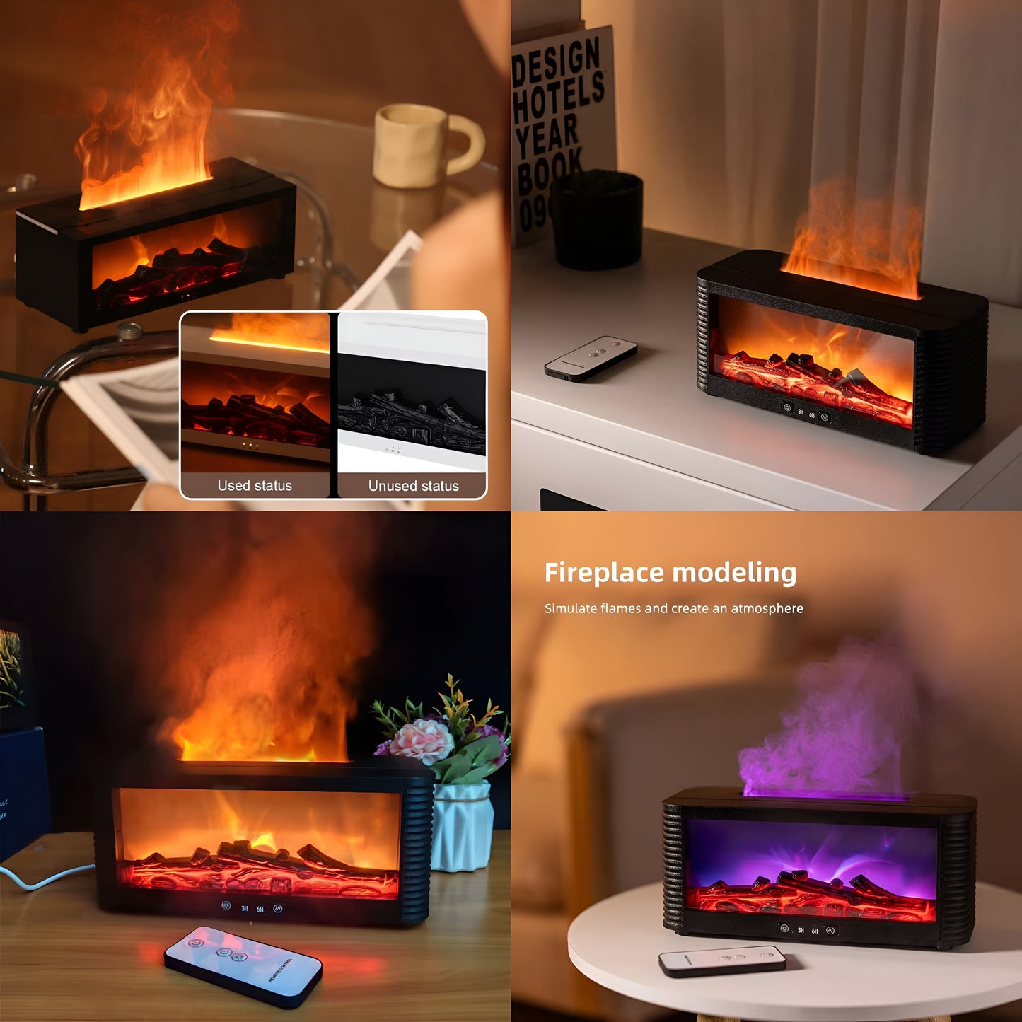 Flame Fireplace Aroma Diffuser – Mini LED Essential Oil Humidifier with Simulated Fire & Remote Control
