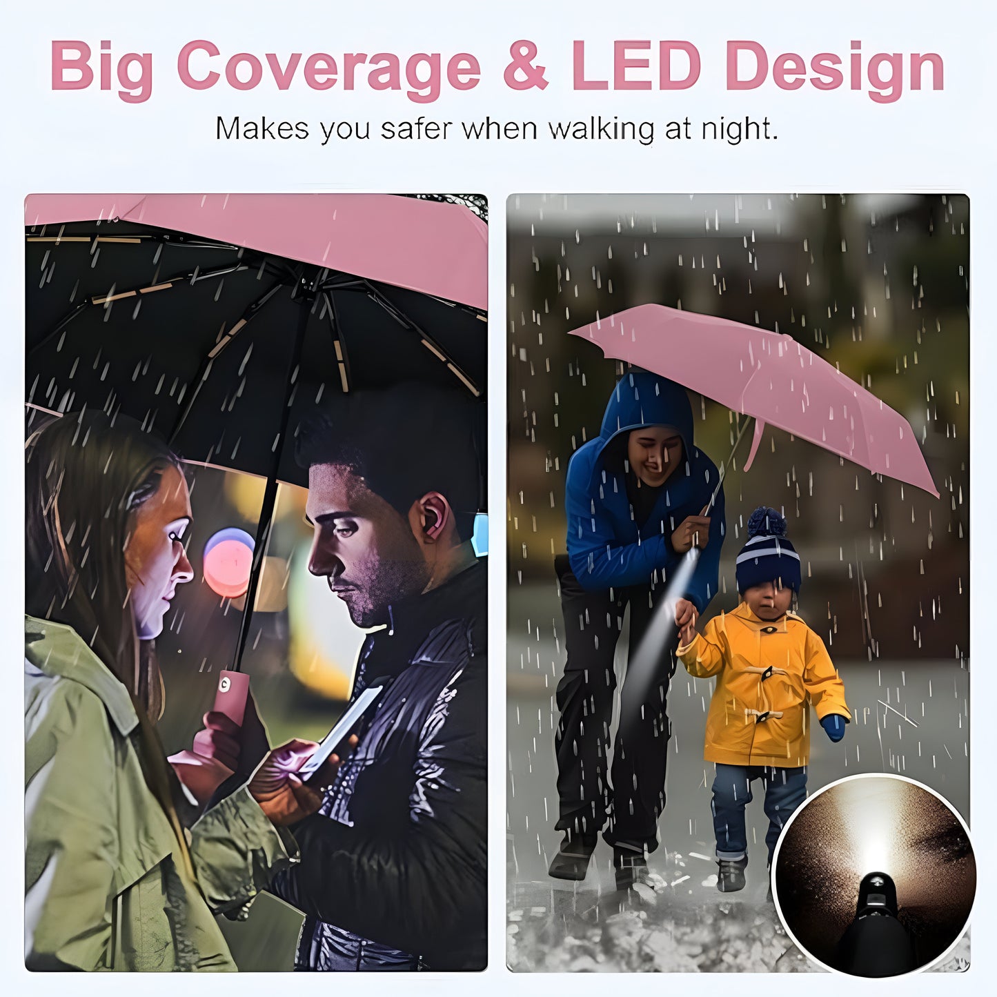 Umbrella with Torch Light, Rotating Handle & 12-Rib Windproof Design 3-Fold LED