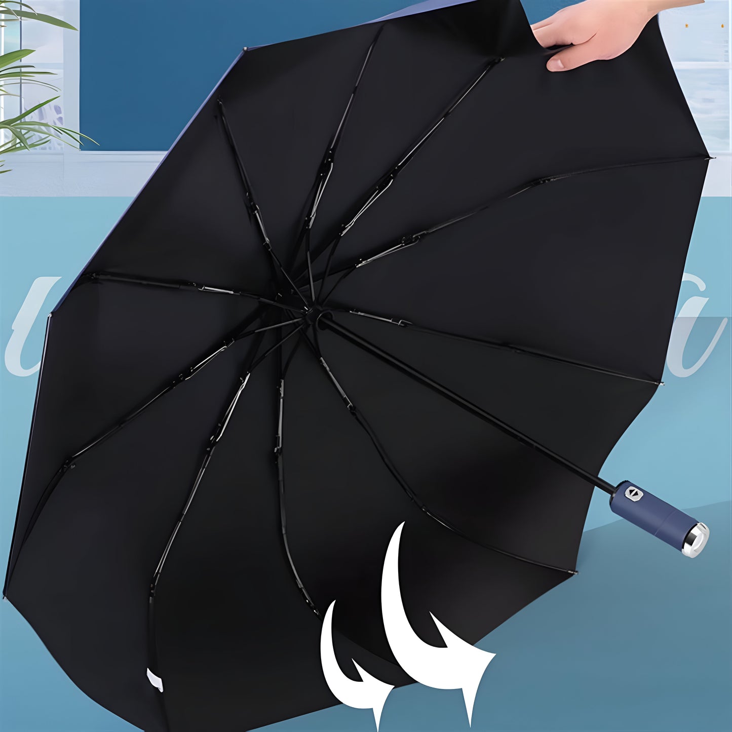 Umbrella with Torch Light, Rotating Handle & 12-Rib Windproof Design 3-Fold LED