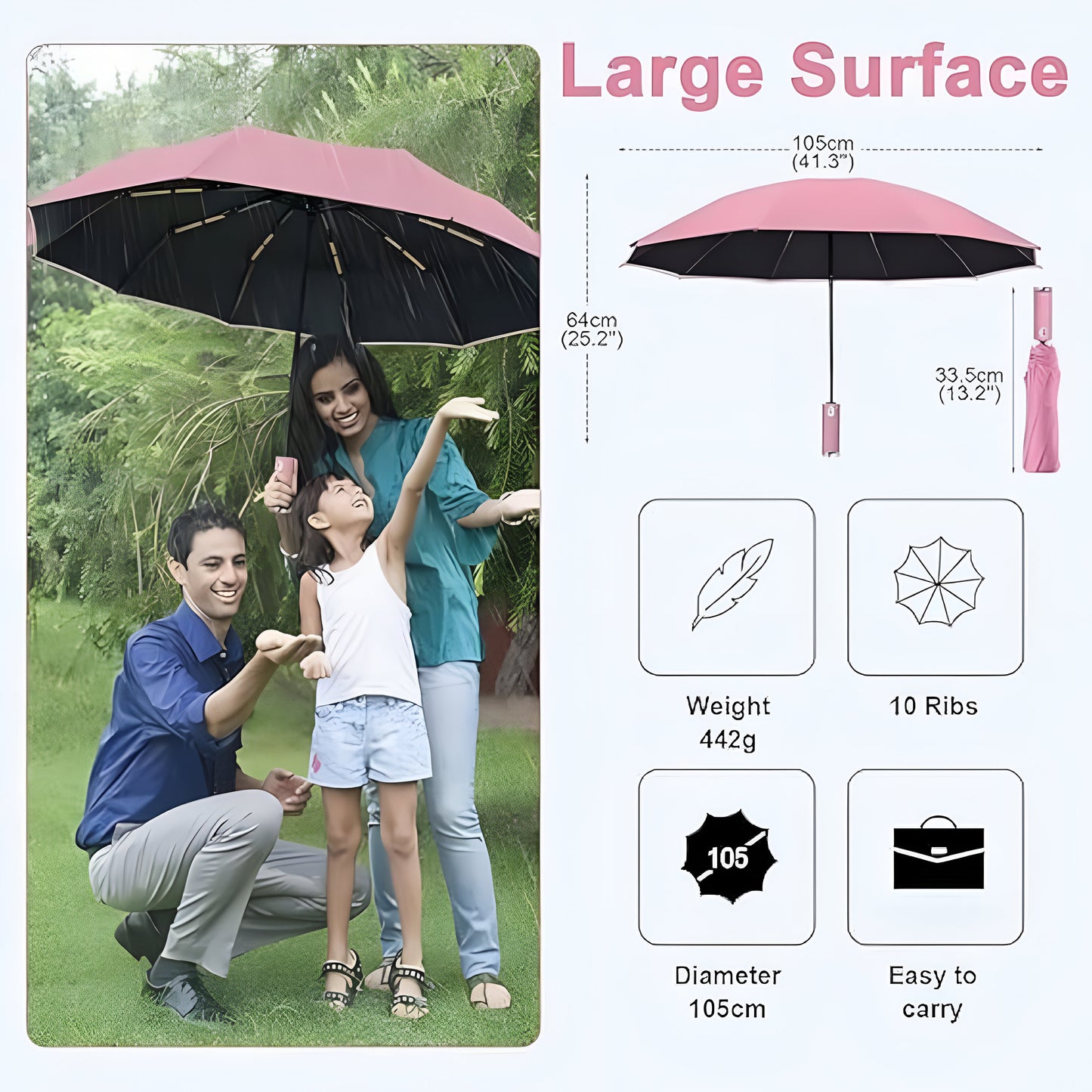 Umbrella with Torch Light, Rotating Handle & 12-Rib Windproof Design 3-Fold LED