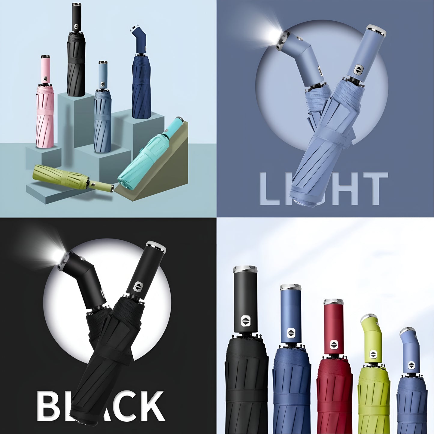 Umbrella with Torch Light, Rotating Handle & 12-Rib Windproof Design 3-Fold LED