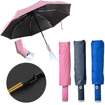 Umbrella with Torch Light, Rotating Handle & 12-Rib Windproof Design 3-Fold LED