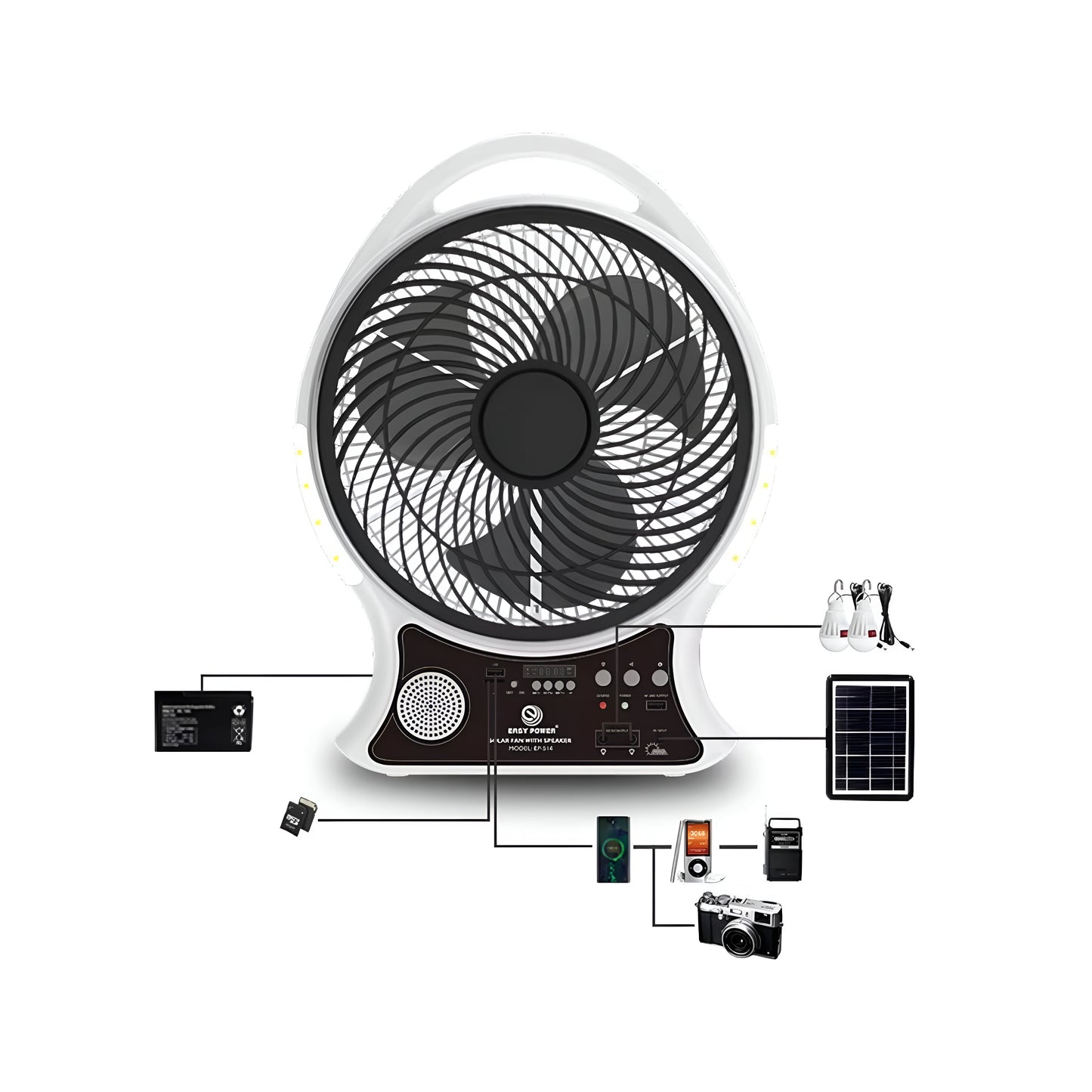 Easy Power 14-Inch Rechargeable AC/DC Solar Fan with Bluetooth Speaker, LED Light & Radio – Model EP-514