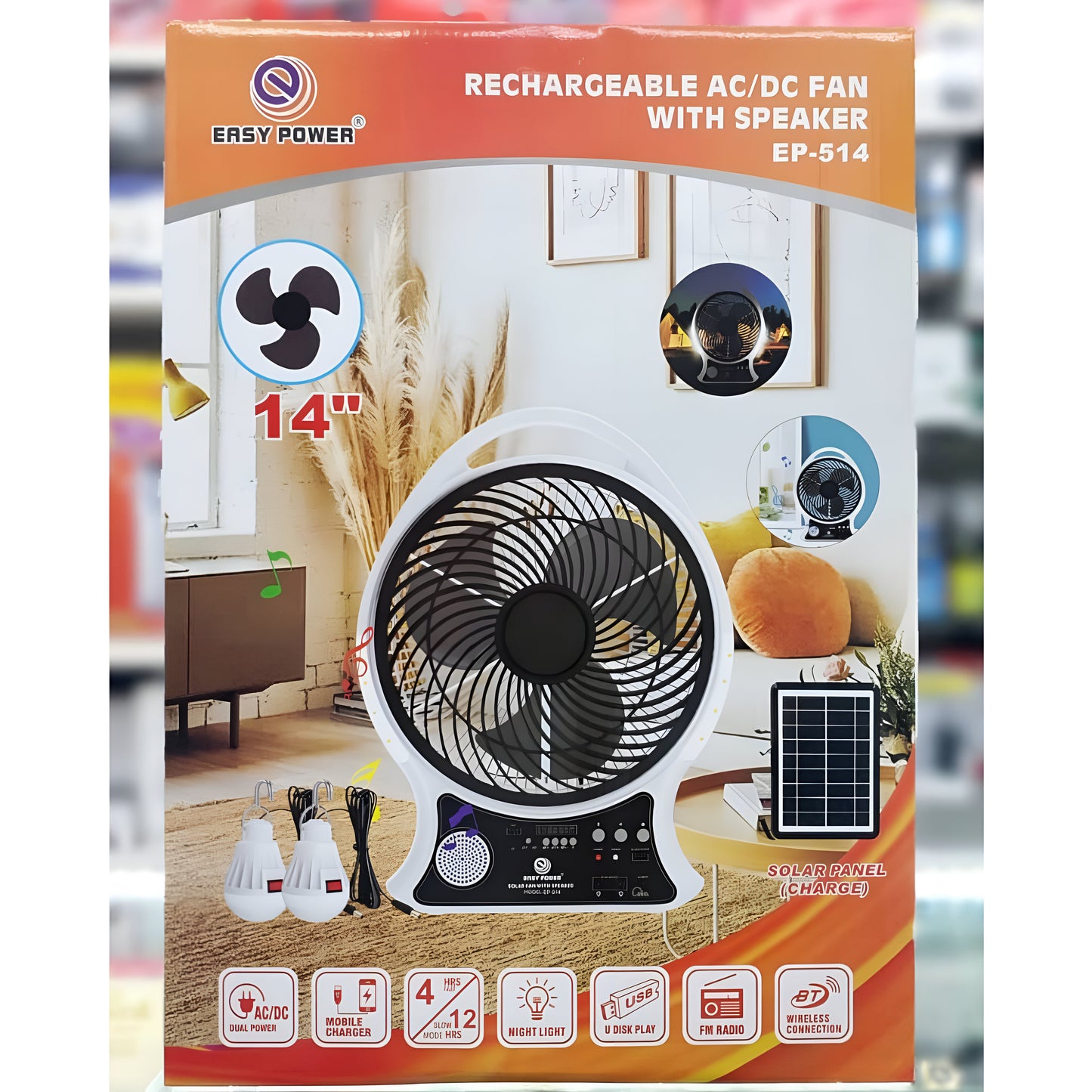 Easy Power 14-Inch Rechargeable AC/DC Solar Fan with Bluetooth Speaker, LED Light & Radio – Model EP-514