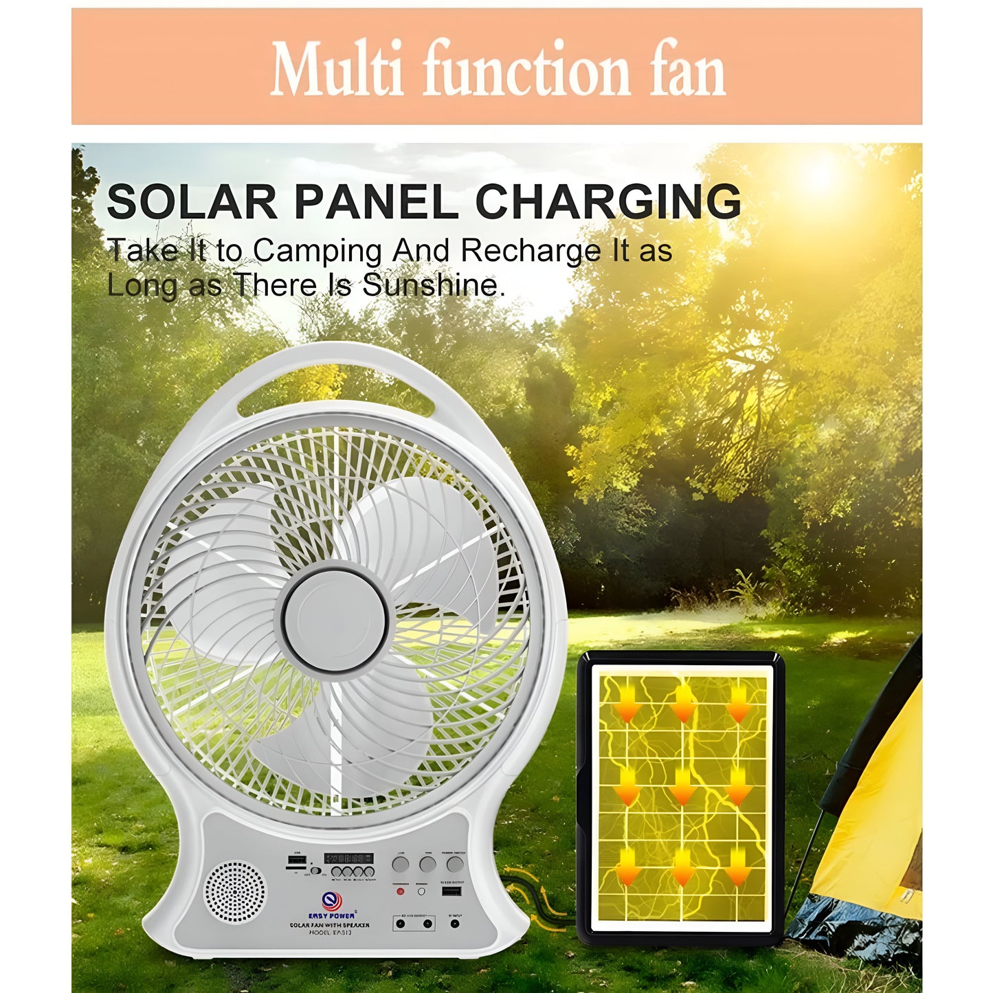Easy Power 14-Inch Rechargeable AC/DC Solar Fan with Bluetooth Speaker, LED Light & Radio – Model EP-514