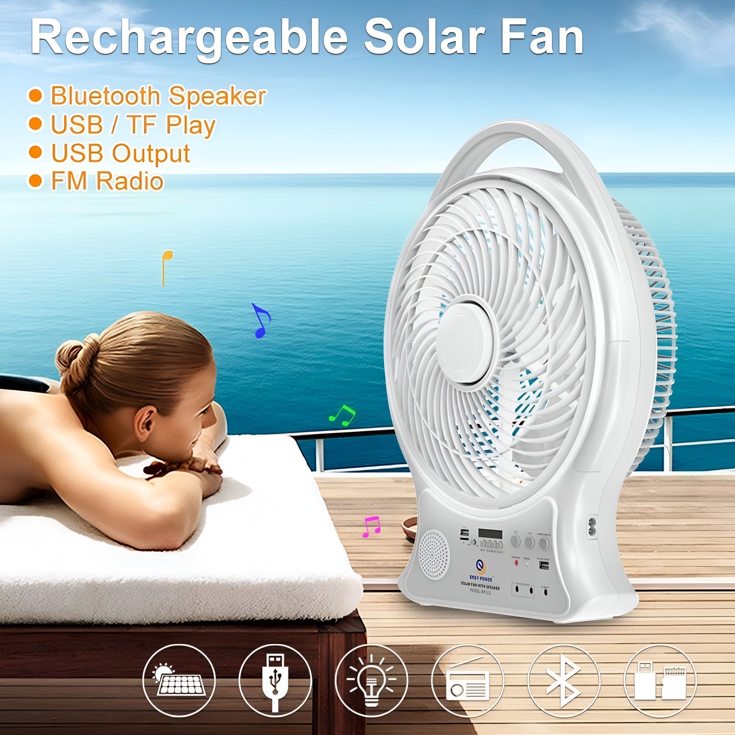Easy Power 14-Inch Rechargeable AC/DC Solar Fan with Bluetooth Speaker, LED Light & Radio – Model EP-514