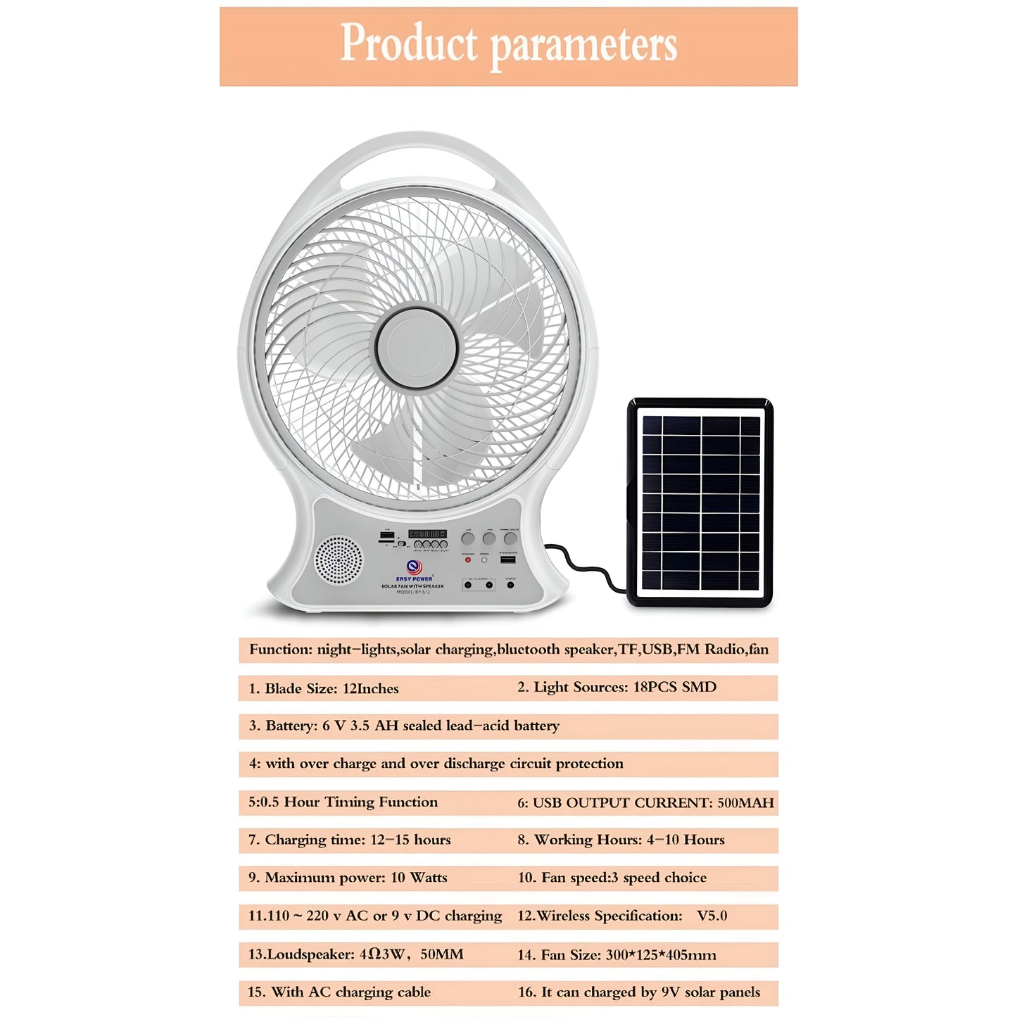 Easy Power 14-Inch Rechargeable AC/DC Solar Fan with Bluetooth Speaker, LED Light & Radio – Model EP-514