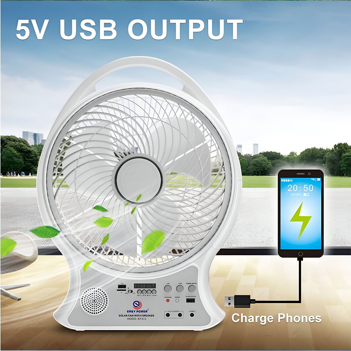 Easy Power 14-Inch Rechargeable AC/DC Solar Fan with Bluetooth Speaker, LED Light & Radio – Model EP-514