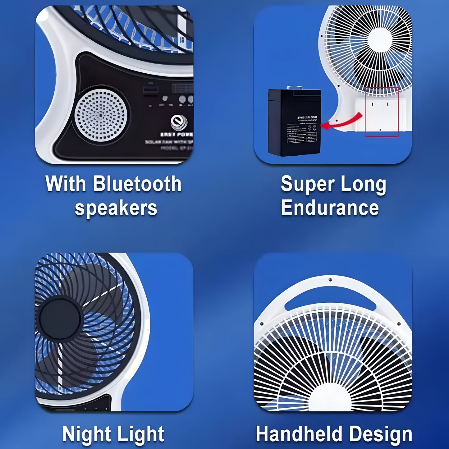 Easy Power 14-Inch Rechargeable AC/DC Solar Fan with Bluetooth Speaker, LED Light & Radio – Model EP-514