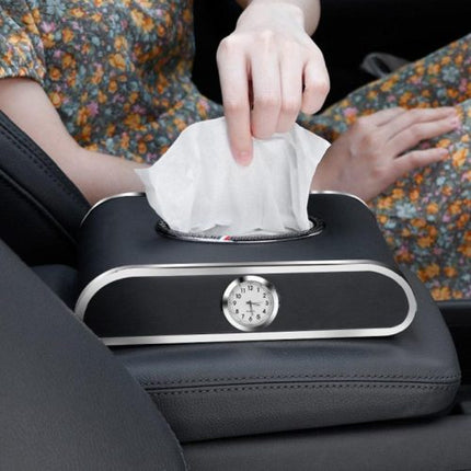 PEETTA Car Tissue Holder, Premium PU Leather Tissue Box with Clock and Parking Number Plate, Rectangular Pumping Paper Dispenser, Car Tissue Holder