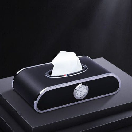 PEETTA Car Tissue Holder, Premium PU Leather Tissue Box with Clock and Parking Number Plate, Rectangular Pumping Paper Dispenser, Car Tissue Holder