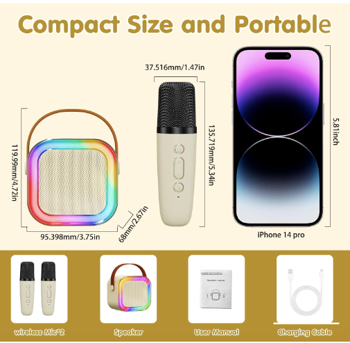 Karaoke Machine for Kids and Adults - Mini Portable Bluetooth Speaker with 2 Wireless Microphones & Colorful Lights