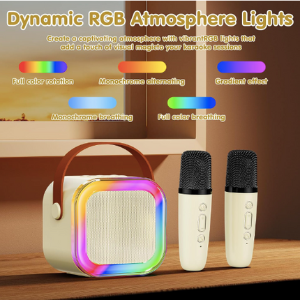 Karaoke Machine for Kids and Adults - Mini Portable Bluetooth Speaker with 2 Wireless Microphones & Colorful Lights