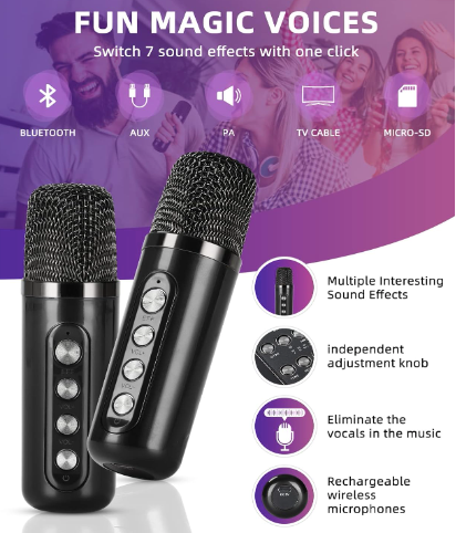 Mini Karaoke Machine for Adults and Kids - Portable Bluetooth Speaker with 2 Wireless Microphones, PA System for Indoor/Outdoor Parties (Elegant Black)