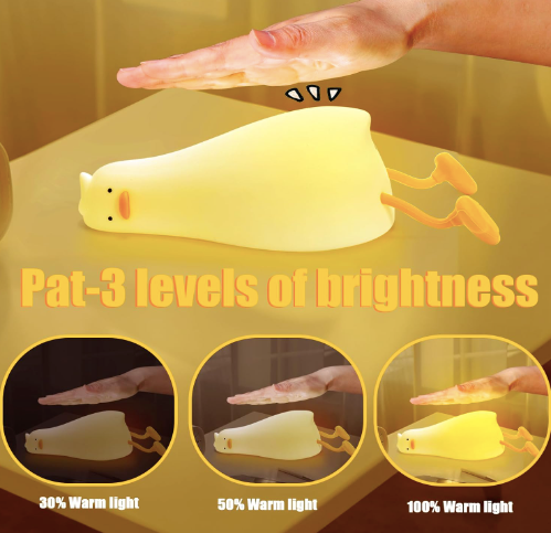 Lying Flat Duck Dimmable Night Light: Cute Silicone LED Lamp, Rechargeable Touch Lamp for Nursery & Kids' Decor
