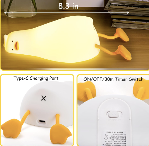 Lying Flat Duck Dimmable Night Light: Cute Silicone LED Lamp, Rechargeable Touch Lamp for Nursery & Kids' Decor