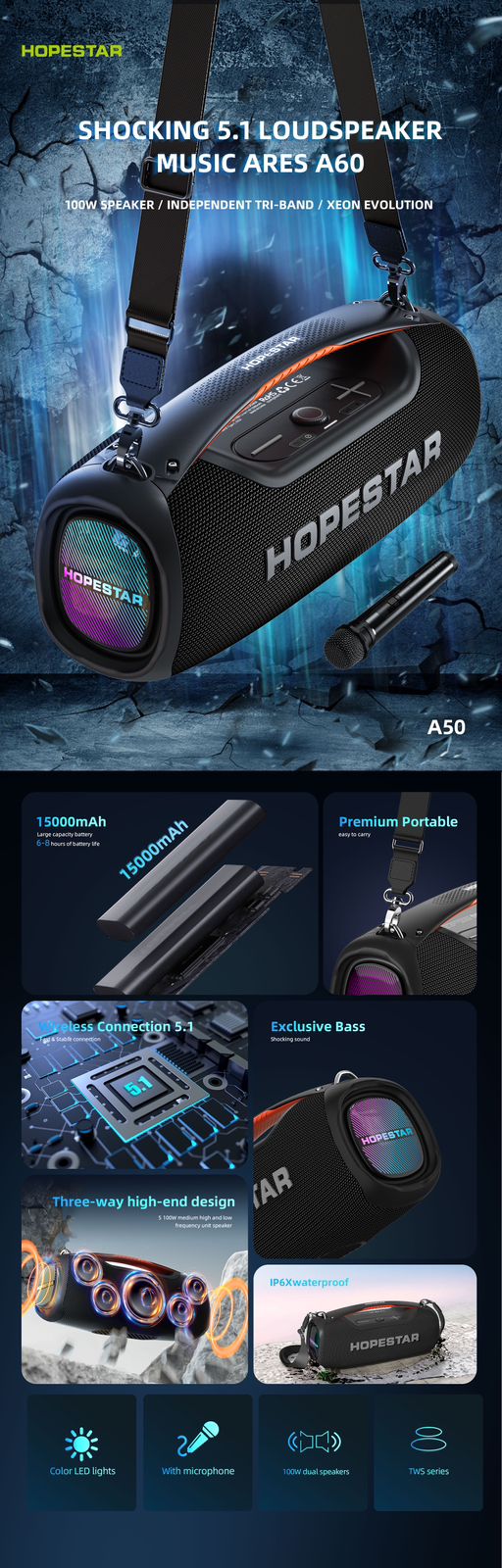 HOPESTAR A60 100W High-Power Bluetooth Speaker: Outdoor Waterproof Portable Wireless Karaoke Stereo Surround Subwoofer With Mic
