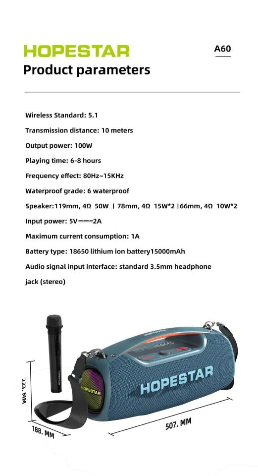 HOPESTAR A60 100W High-Power Bluetooth Speaker: Outdoor Waterproof Portable Wireless Karaoke Stereo Surround Subwoofer With Mic